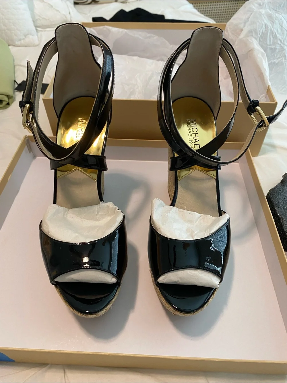 Michael Kors Black Patent Platform Sandals with Ankle Strap